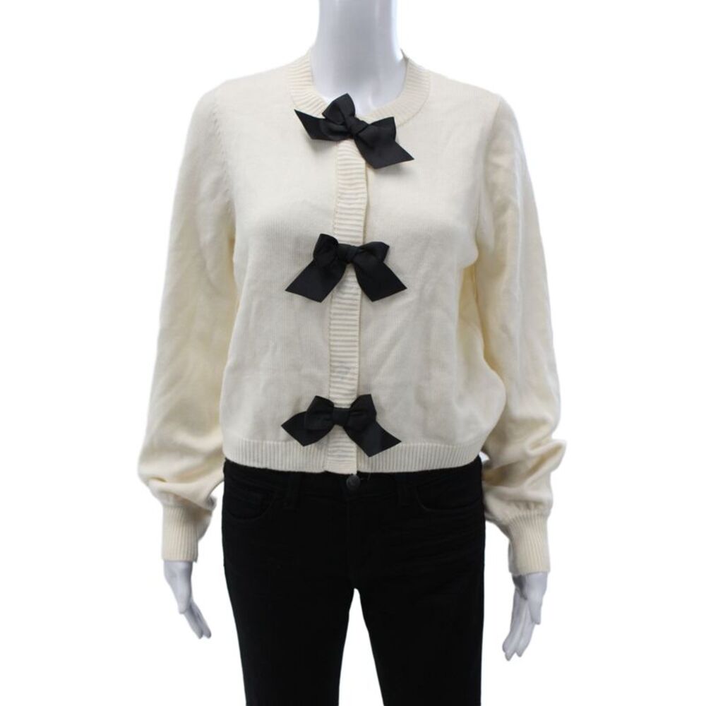 Cami NYC Womens Cardigan Ivory 100% Merino Wool Bow Long Sleeve Size S